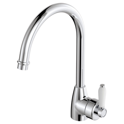 Fienza Eleanor Gooseneck Kitchen Mixer with White Ceramic Handle Chrome Lead Free