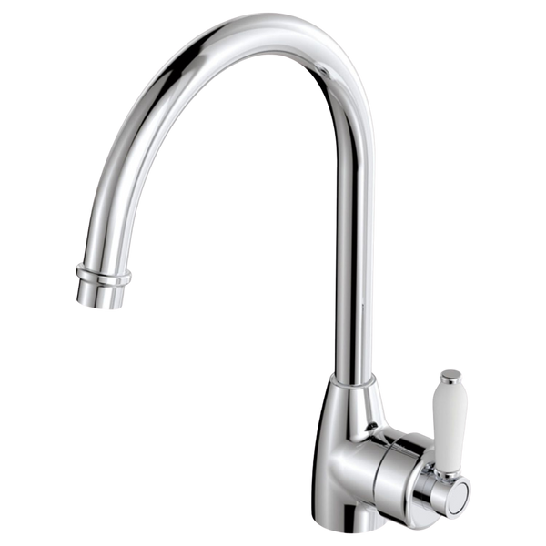 Fienza Eleanor Gooseneck Kitchen Mixer with White Ceramic Handle Chrome Lead Free