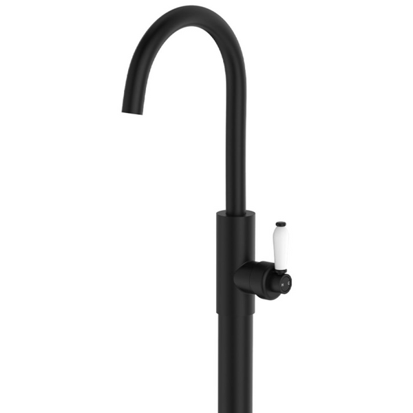 Fienza Eleanor Floor Mounted Basin/Bath Mixer with White Ceramic Handle Matte Black Lead Free