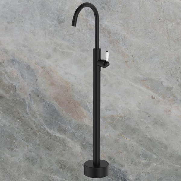 Fienza Eleanor Floor Mounted Basin/Bath Mixer with White Ceramic Handle Matte Black Lead Free