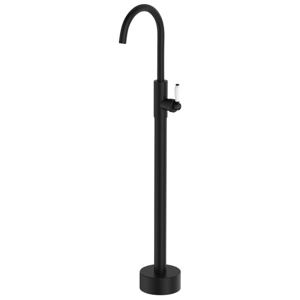 Fienza Eleanor Floor Mounted Basin/Bath Mixer with White Ceramic Handle Matte Black Lead Free