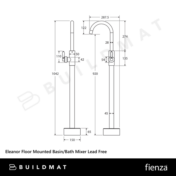 Fienza Eleanor Floor Mounted Basin/Bath Mixer Matte Black Lead Free