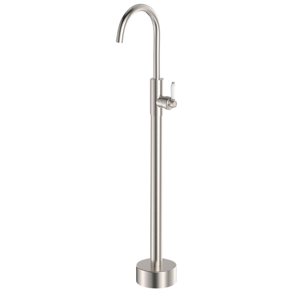 Fienza Eleanor Floor Mounted Basin/Bath Mixer with White Ceramic Handle Brushed Nickel Lead Free