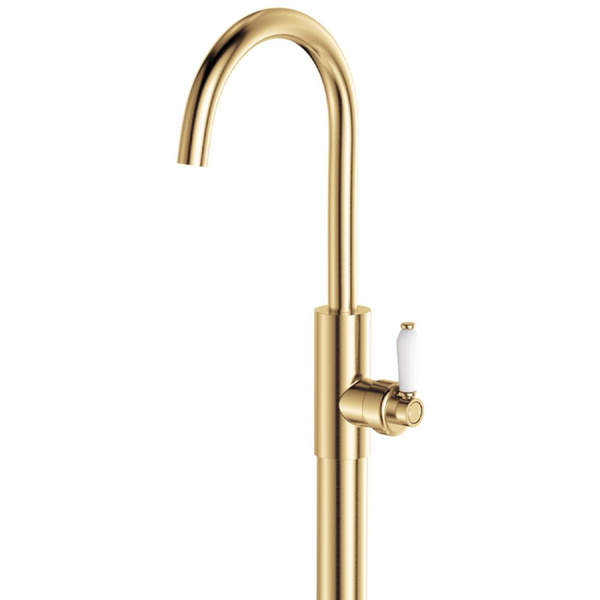 Fienza Eleanor Floor Mounted Basin/Bath Mixer with White Ceramic Handle Urban Brass Lead Free