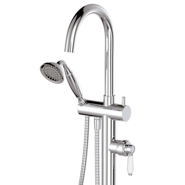 Fienza Eleanor Floor Mixer And Shower with White Ceramic Handle Chrome