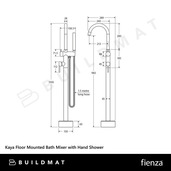 Fienza Kaya Floor Mounted Bath Mixer with Hand Shower Chrome