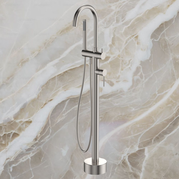 Fienza Kaya Floor Mounted Bath Mixer With Hand Shower Brushed Nickel