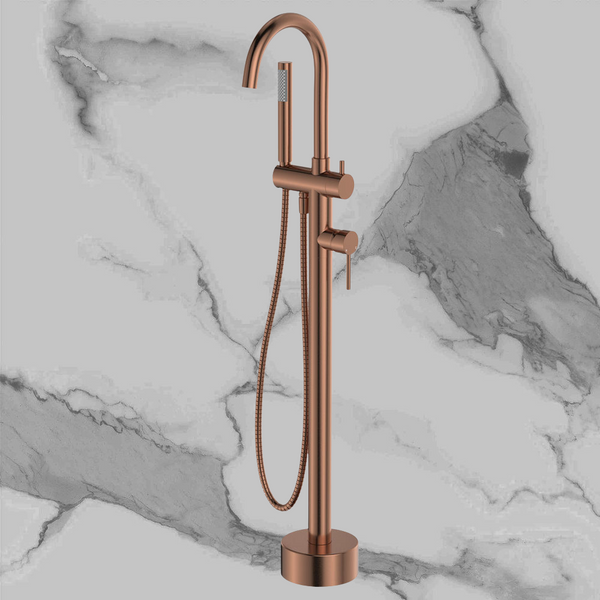 Fienza Kaya Floor Mounted Bath Mixer With Hand Shower Brushed Copper