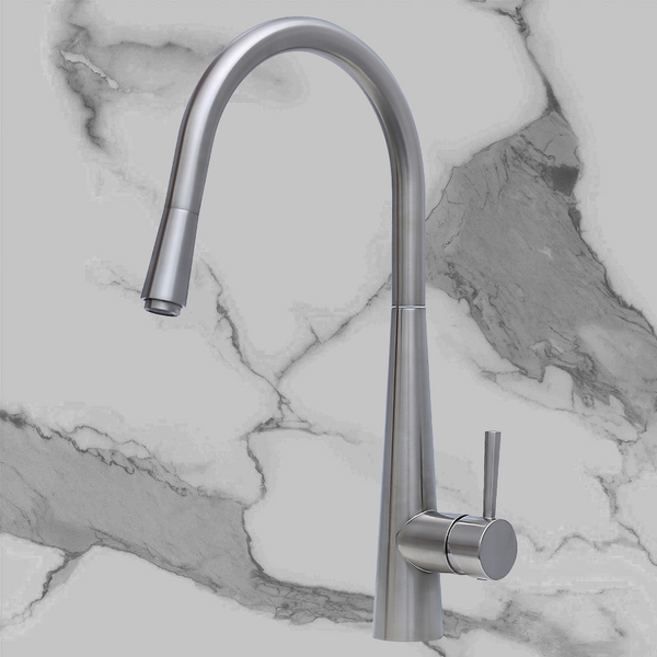 Fienza Isabella Deluxe Gooseneck Pull Out Kitchen Mixer Brushed Nickel