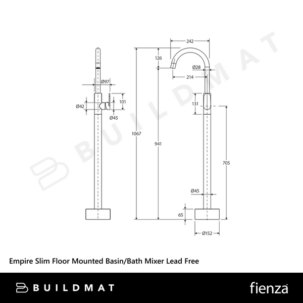 Fienza Empire Slim Floor Mounted Basin/Bath Mixer Matte Black Lead Free