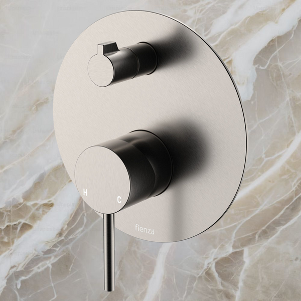 Fienza Kaya Wall Diverter Mixer Large Round Plate Brushed Nickel