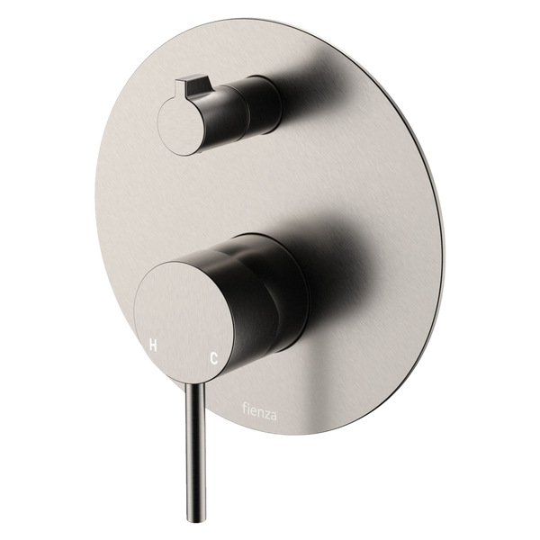 Fienza Kaya Wall Diverter Mixer Large Round Plate Brushed Nickel