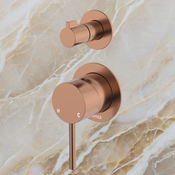 Fienza Kaya Wall Diverter Mixer Small Round Plates Brushed Copper