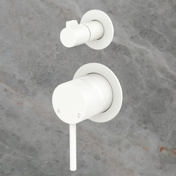 Fienza Kaya Wall Diverter Mixer Small Round Plates Matte White