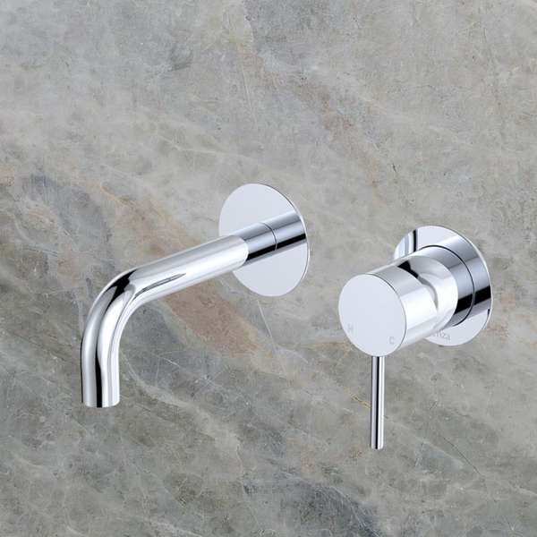 Fienza Kaya Basin/Bath Wall Mixer Set Round Plates 130mm Outlet Chrome Lead Free