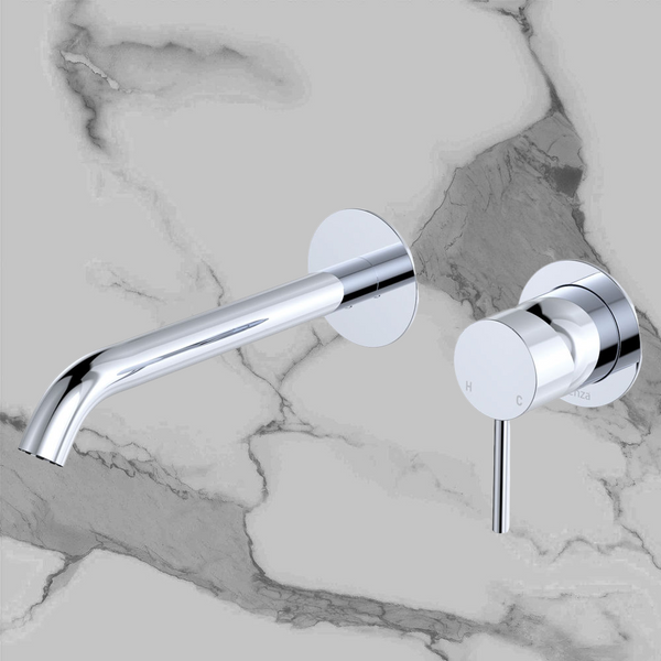 Fienza Kaya Basin Wall Mixer Set Round Plates 200mm Outlet Chrome