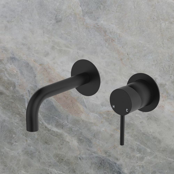 Fienza Kaya Basin/Bath Wall Mixer Set Round Plates 130mm Outlet Matte Black Lead Free