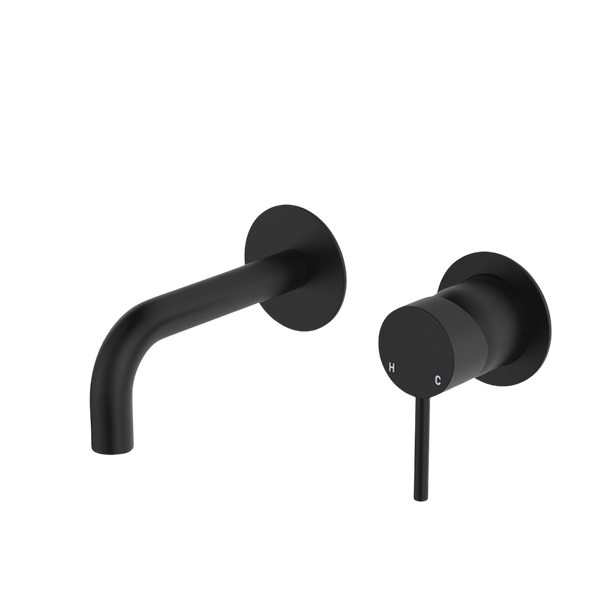 Fienza Kaya Basin/Bath Wall Mixer Set Round Plates 130mm Outlet Matte Black Lead Free