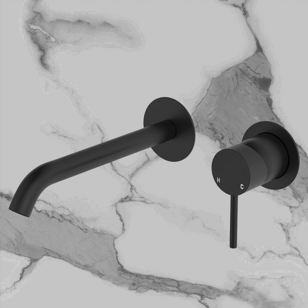Fienza Kaya Basin Wall Mixer Set Round Plates 200mm Outlet Matte Black
