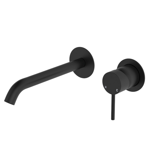 Fienza Kaya Basin Wall Mixer Set Round Plates 200mm Outlet Matte Black