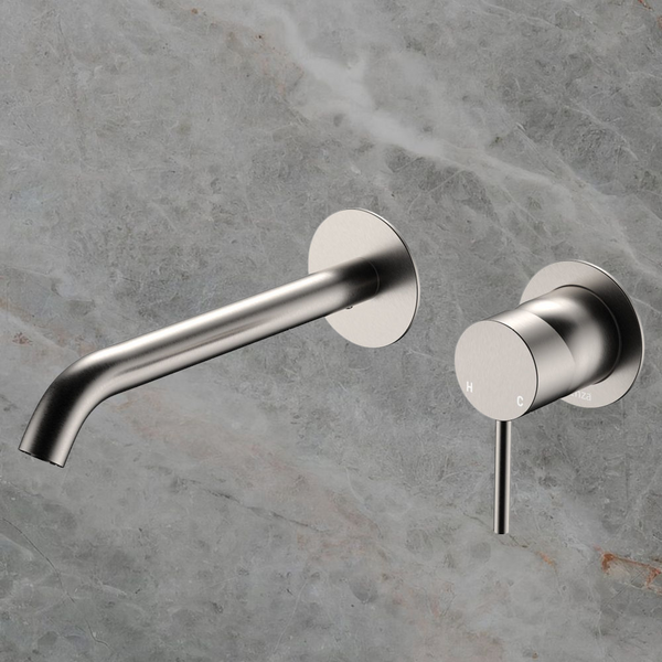 Fienza Kaya Basin Wall Mixer Set Round Plates 200mm Outlet Brushed Nickel