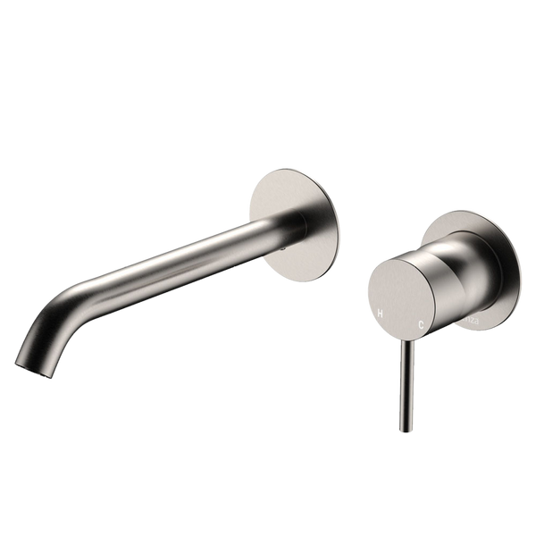 Fienza Kaya Basin Wall Mixer Set Round Plates 200mm Outlet Brushed Nickel