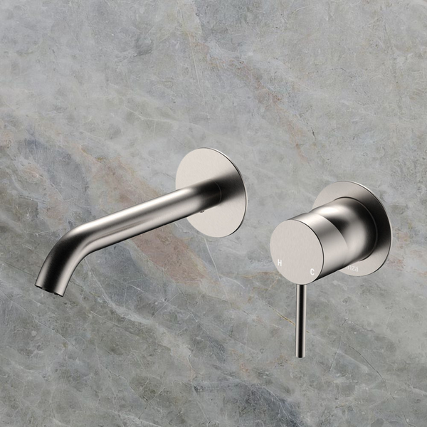 Fienza Kaya Basin Wall Mixer Set Round Plates 160mm Outlet Brushed Nickel