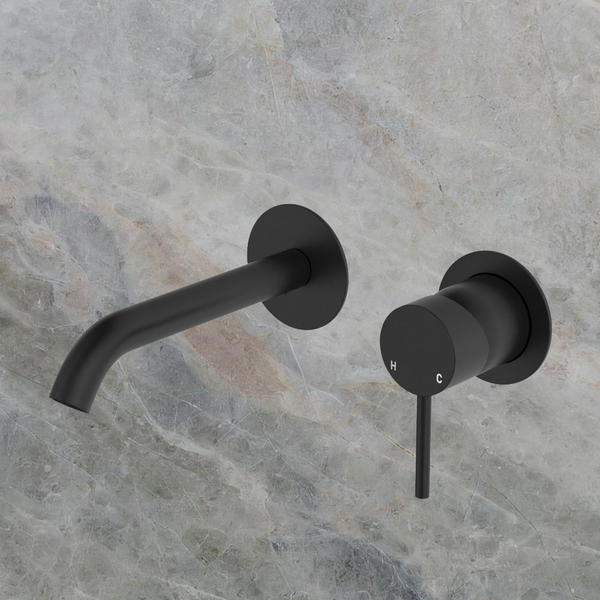 Fienza Kaya Basin Wall Mixer Set Round Plates 160mm Outlet Matte Black