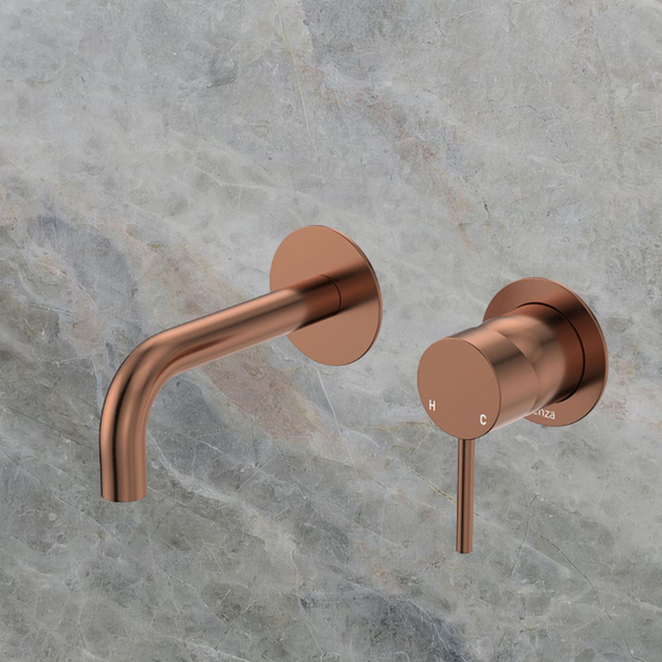 Fienza Kaya Basin/Bath Wall Mixer Set Round Plates 130mm Outlet Brushed Copper Lead Free