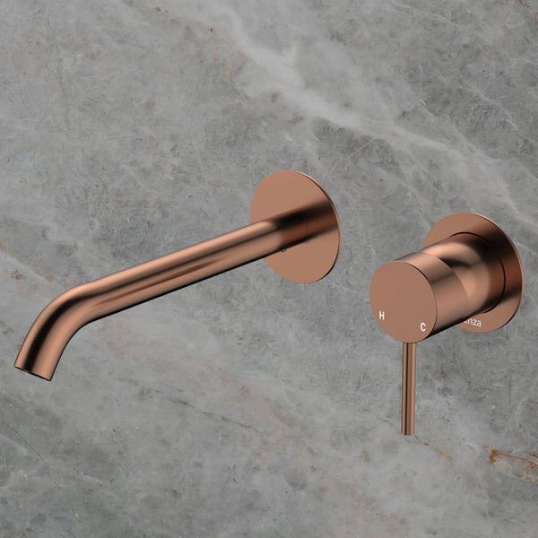 Fienza Kaya Basin Wall Mixer Set Round Plates 200mm Outlet Brushed Copper