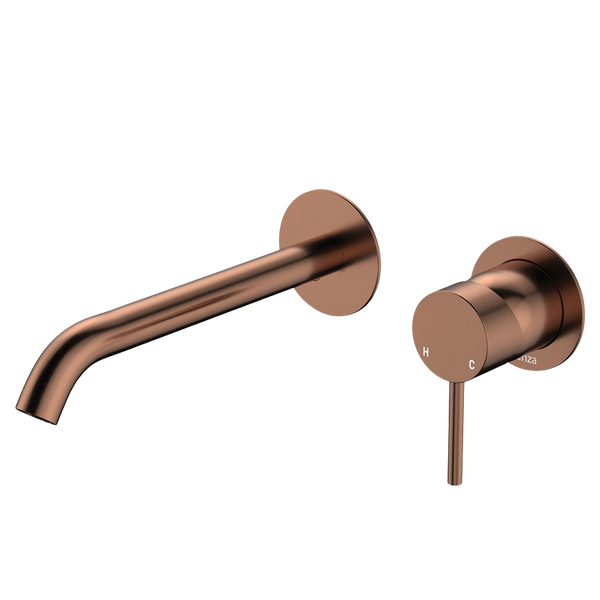 Fienza Kaya Basin Wall Mixer Set Round Plates 200mm Outlet Brushed Copper