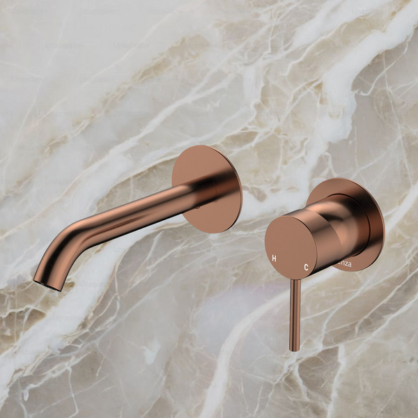 Fienza Kaya Basin Wall Mixer Set Round Plates 160mm Outlet Brushed Copper