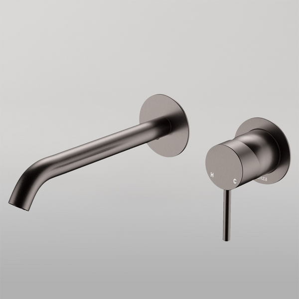 Fienza Kaya Basin Wall Mixer Set Round Plates 200mm Outlet Gun Metal