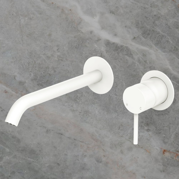 Fienza Kaya Basin Wall Mixer Set Round Plates 200mm Outlet Matte White