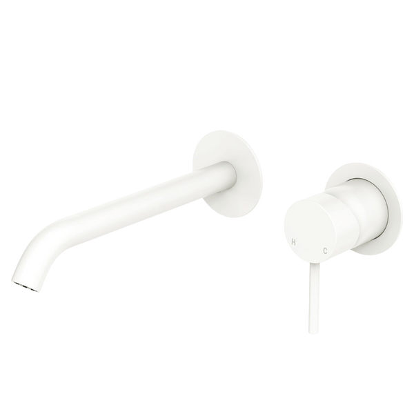 Fienza Kaya Basin Wall Mixer Set Round Plates 200mm Outlet Matte White