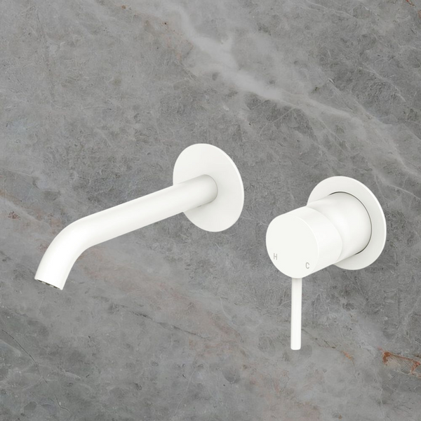 Fienza Kaya Basin Wall Mixer Set Round Plates 160mm Outlet Matte White