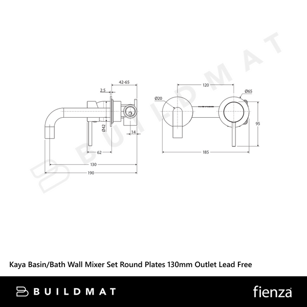 Fienza Kaya Basin/Bath Wall Mixer Set Round Plates 130mm Outlet Urban Brass Lead Free