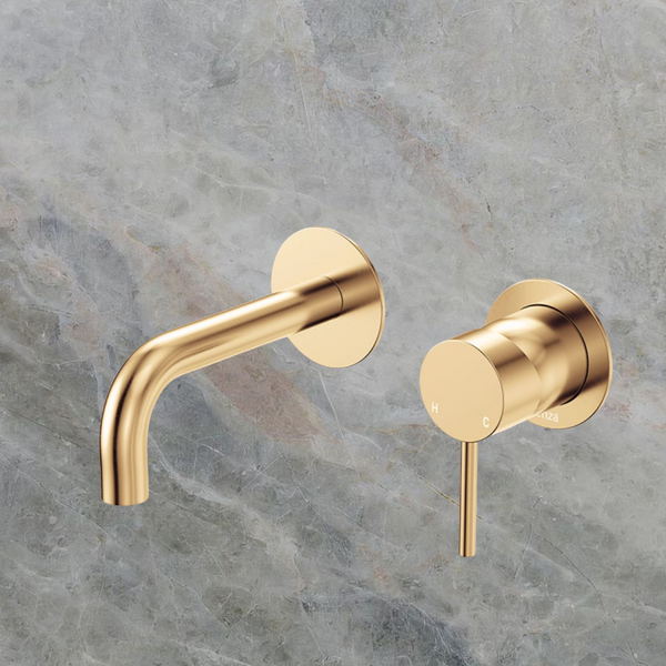 Fienza Kaya Basin/Bath Wall Mixer Set Round Plates 130mm Outlet Urban Brass Lead Free
