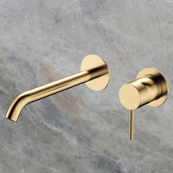 Fienza Kaya Basin Wall Mixer Set Round Plates 200mm Outlet Urban Brass