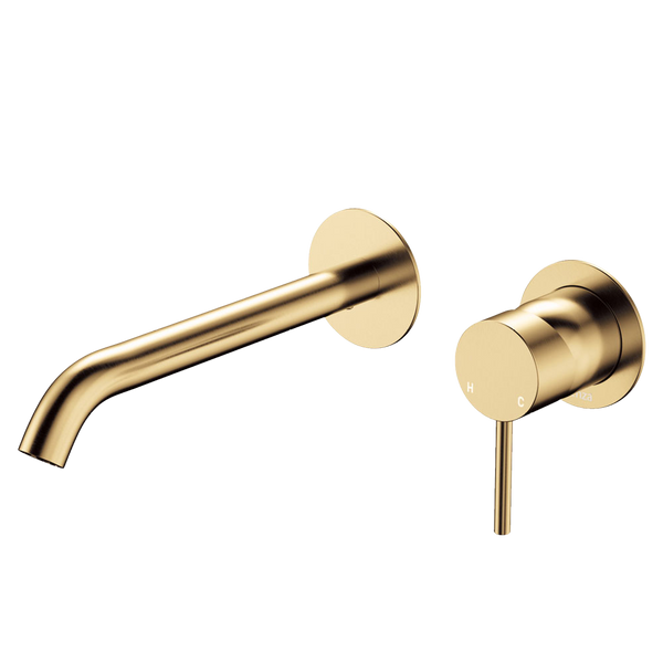 Fienza Kaya Basin Wall Mixer Set Round Plates 200mm Outlet Urban Brass