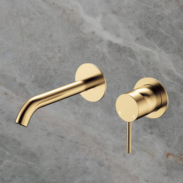 Fienza Kaya Basin Wall Mixer Set Round Plates 160mm Outlet Urban Brass