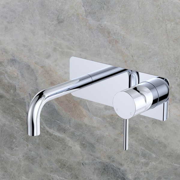 Fienza Kaya Basin/Bath Wall Mixer Set Rectangular Plate 130mm Outlet Chrome Lead Free