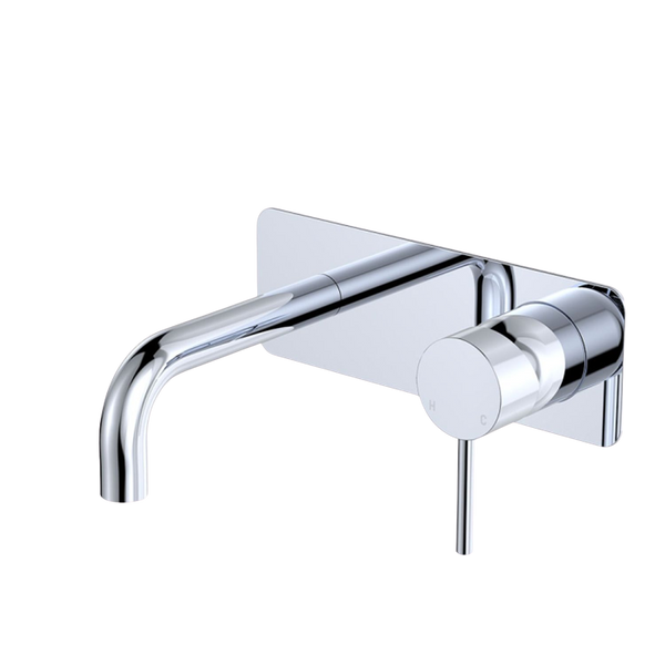 Fienza Kaya Basin/Bath Wall Mixer Set Rectangular Plate 130mm Outlet Chrome Lead Free