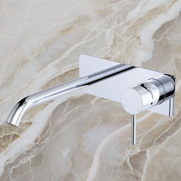 Fienza Kaya Basin Wall Mixer Set Rectangular Plate 200mm Outlet Chrome