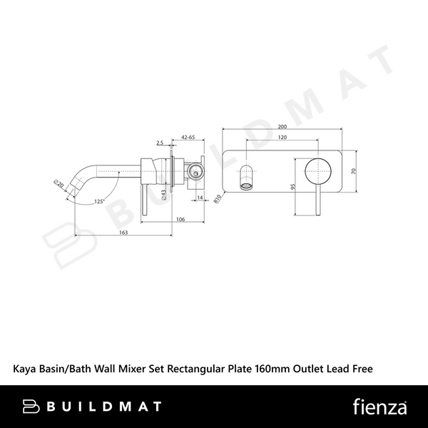 Fienza Kaya Basin/Bath Wall Mixer Set Rectangular Plate 160mm Outlet Chrome Lead Free