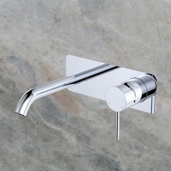 Fienza Kaya Basin/Bath Wall Mixer Set Rectangular Plate 160mm Outlet Chrome Lead Free