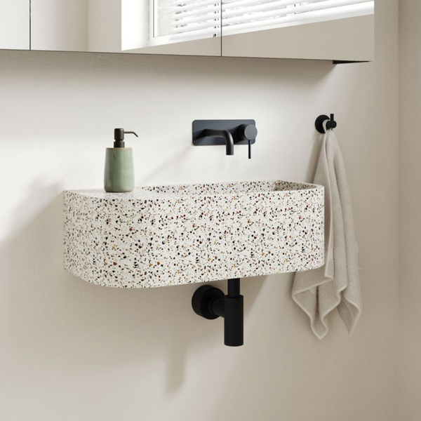 Fienza Kaya Basin/Bath Wall Mixer Set Rectangular Plate 130mm Outlet Matte Black Lead Free