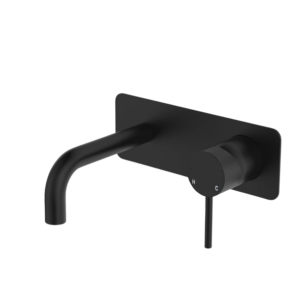 Fienza Kaya Basin/Bath Wall Mixer Set Rectangular Plate 130mm Outlet Matte Black Lead Free