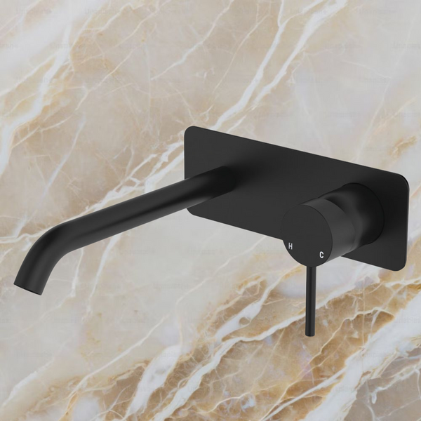 Fienza Kaya Basin Wall Mixer Set Rectangular Plate 200mm Outlet Matte Black