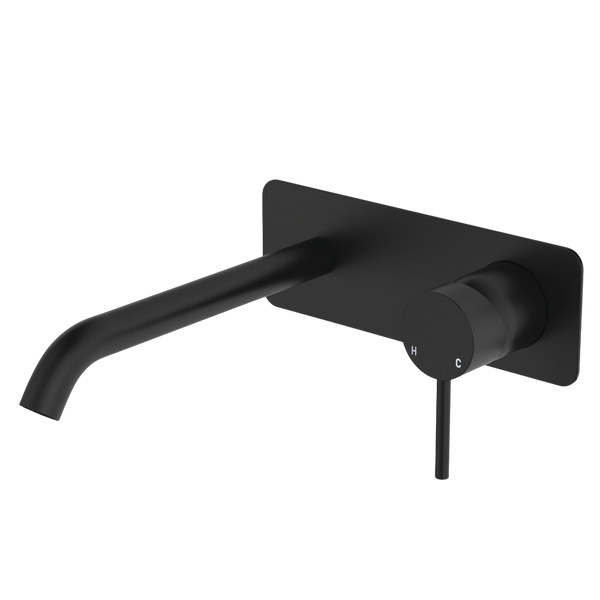 Fienza Kaya Basin Wall Mixer Set Rectangular Plate 200mm Outlet Matte Black
